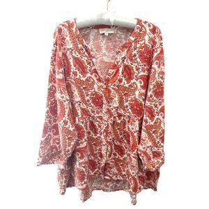 CYNTHIA ROWLEY | Linen Blend Paisley Boho Blouse Orange Pink Flowy Top | 2X
